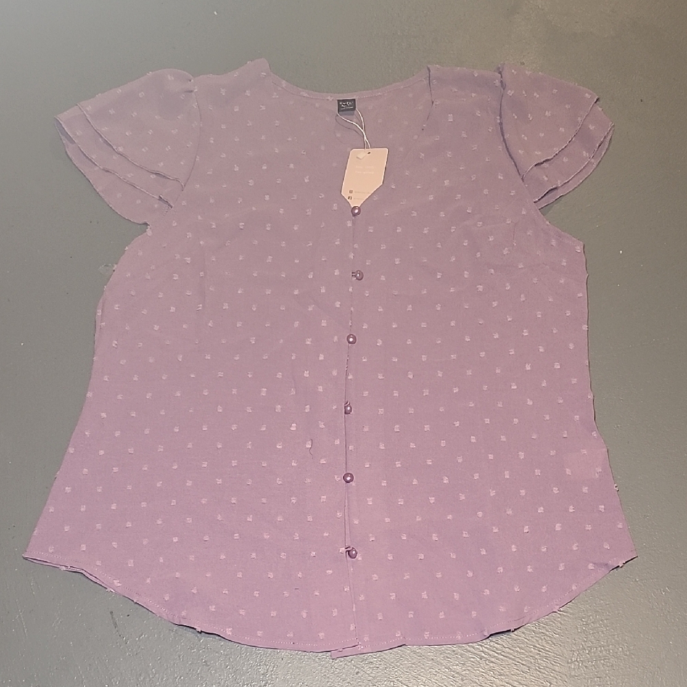 Lavender Button-Up Blouse with Flutter Sleeves